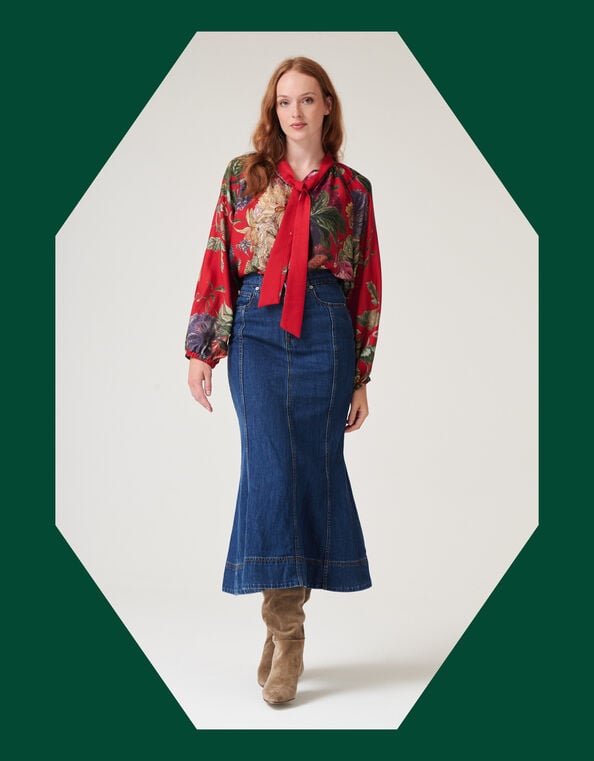 One Hundred Stars Primula Pussybow Blouse, Red (BERRY), large