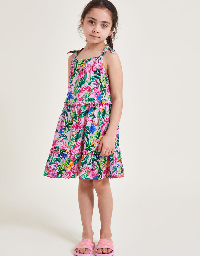 Tropical Palm Print Frill Dress, Ivory (IVORY), large