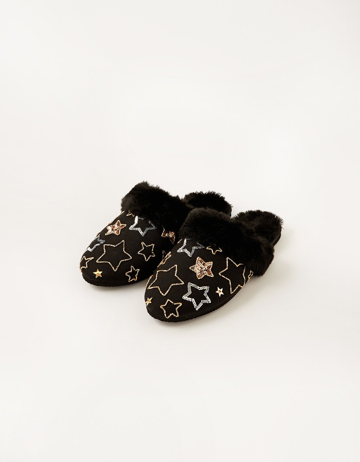 Sequin Star Faux Fur Slippers Black