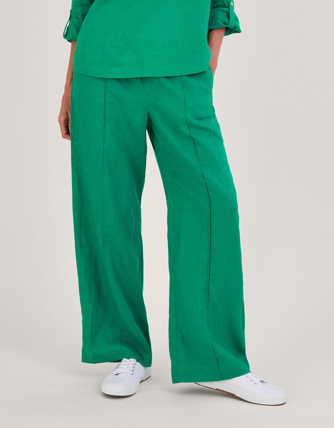 Linen Wide Leg Pull On Trousers, Green (GREEN), large
