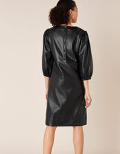 Round Neck Leather-Look Dress, Black (BLACK), large