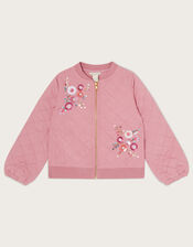 Sequin Floral Woven Quilted Bomber Jacket, Pink (PINK), large