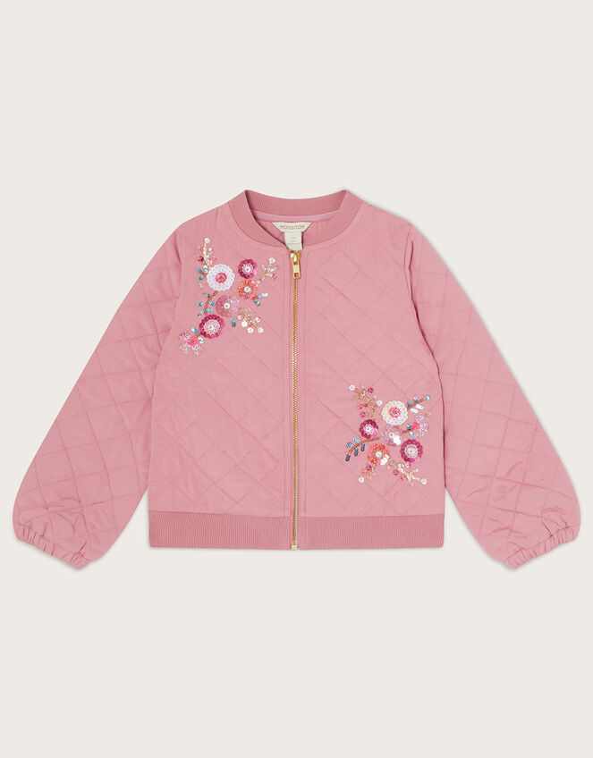 Sequin Floral Woven Quilted Bomber Jacket, Pink (PINK), large