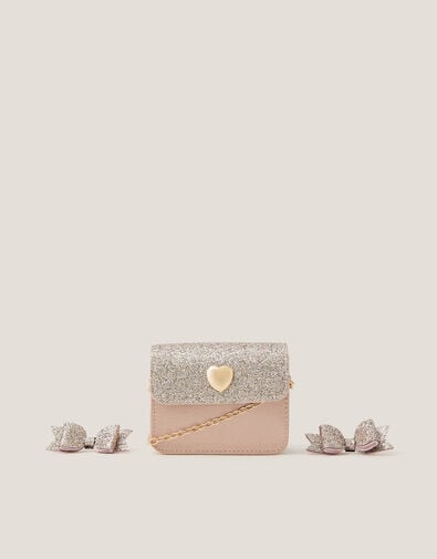 Mini Glitter Bag & Bow Hair Clips Set, , large