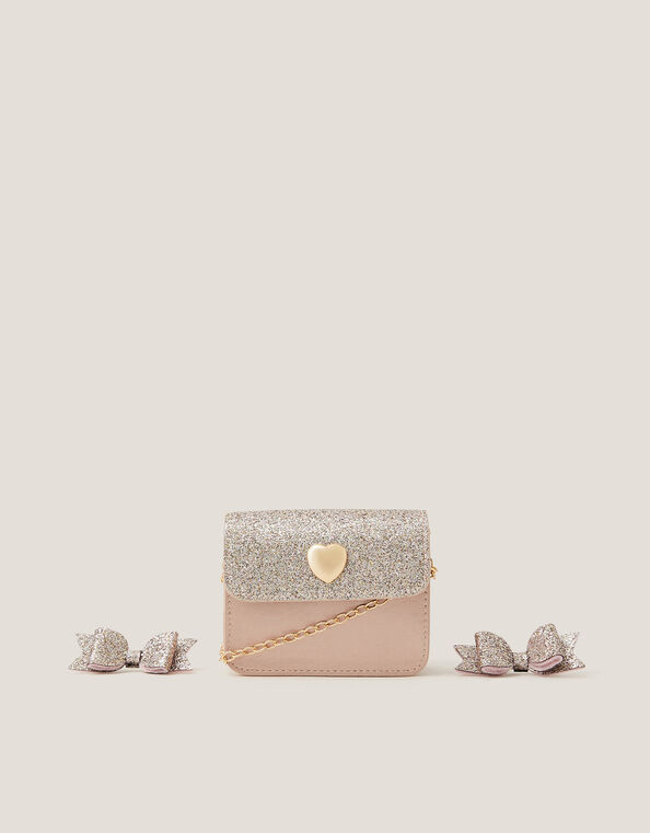 Mini Glitter Bag & Bow Hair Clips Set, , large