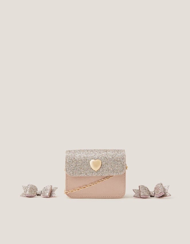 Mini Glitter Bag & Bow Hair Clips Set, , large