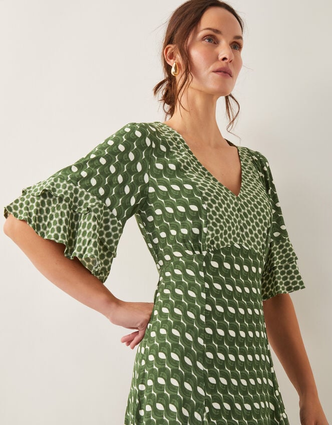Maren Geometric Print Midi Tea Dress, Green (KHAKI), large