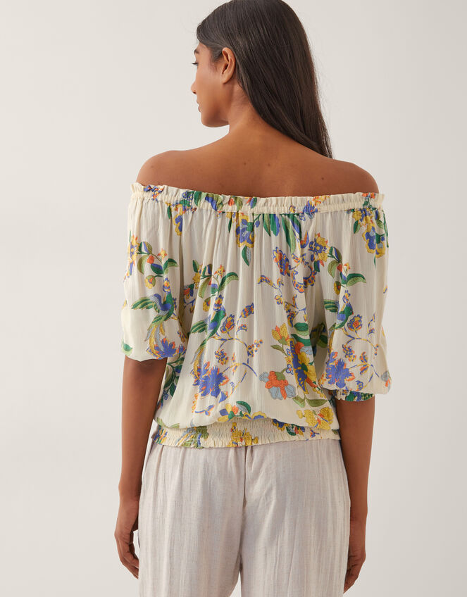 Kaia Floral Print Bardot Top, Ivory (IVORY), large