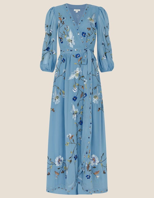 Willa Embroidered Wrap Dress in Recycled Polyester, Blue (BLUE), large