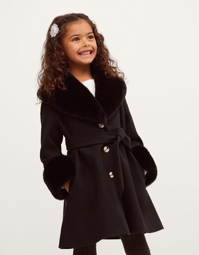 Faux Fur Collar Belted Coat, Black (BLACK), large