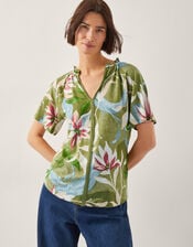 Piper Floral Linen-Blend Top, Green (KHAKI), large