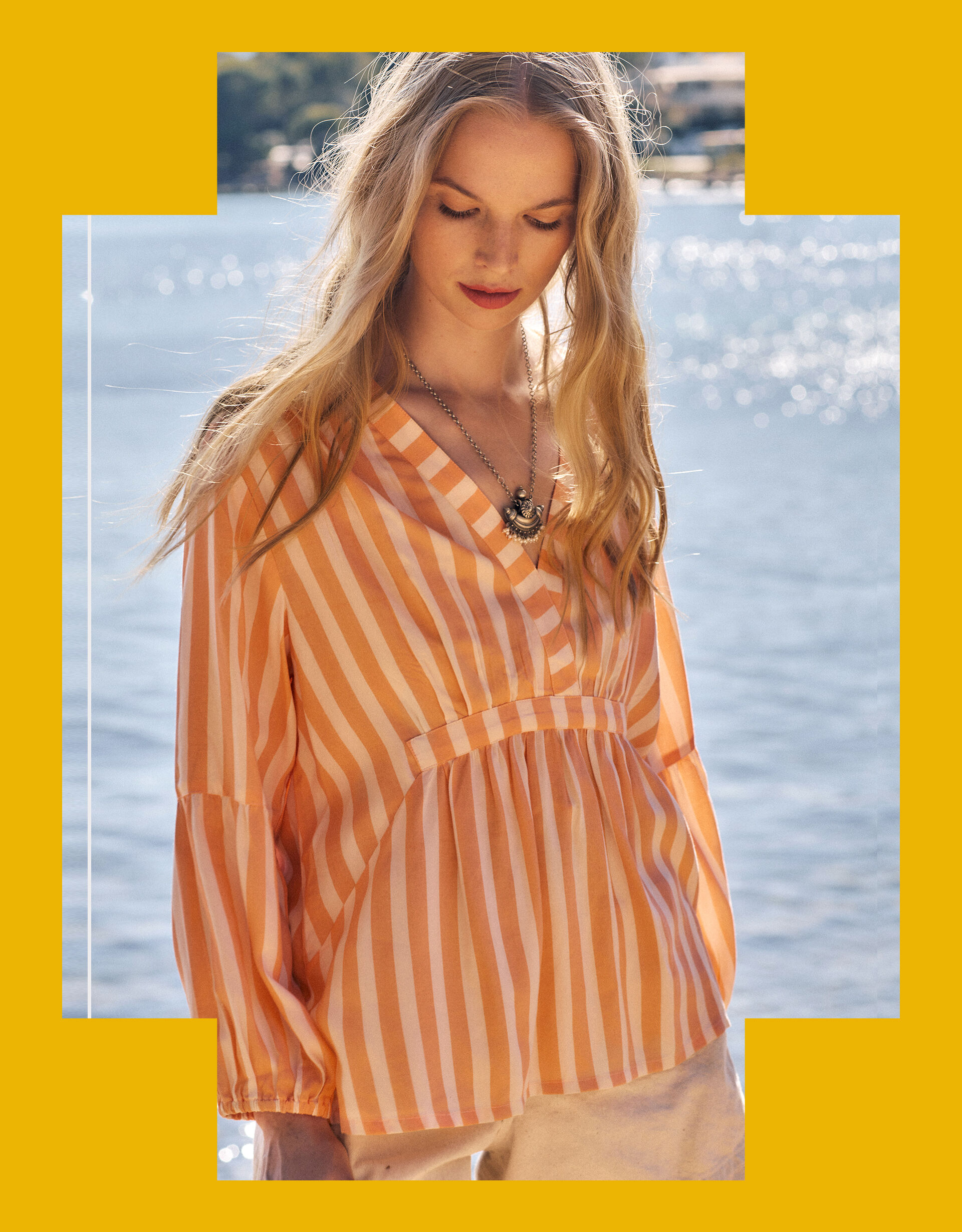East Maeve V-Neck Stripe Blouse Orange