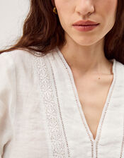 Jayla V-Neck Lace Linen Blouse, White (WHITE), large