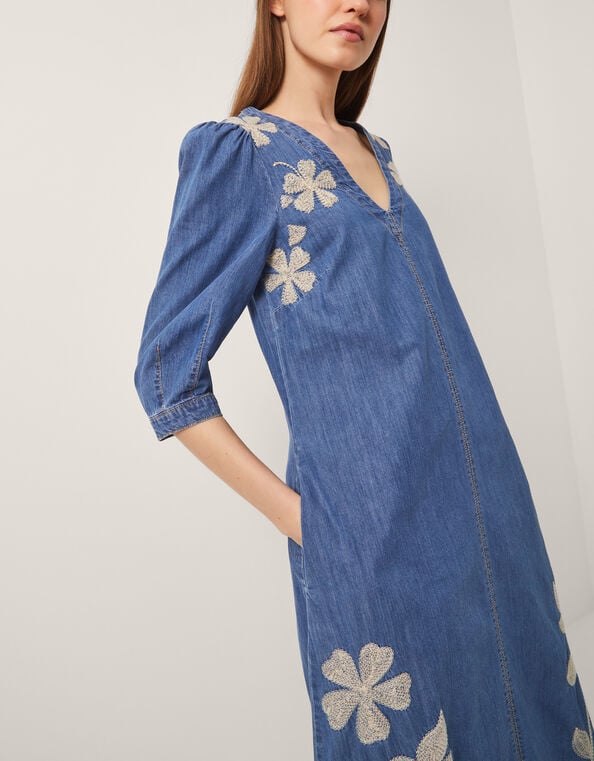 Fallon Floral Embroidered Denim Midi Dress, Blue (DENIM BLUE), large