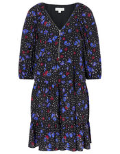 Floral Zip Neck Short Dress, Black (BLACK), large