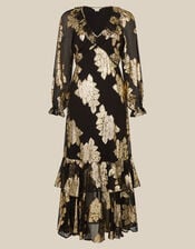 Rowena V-Neck Ruffle Metallic Jacquard Midi Dress, Black (BLACK), large