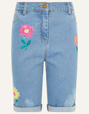 Sequin Flower Longline Denim Shorts , Blue (BLUE), large