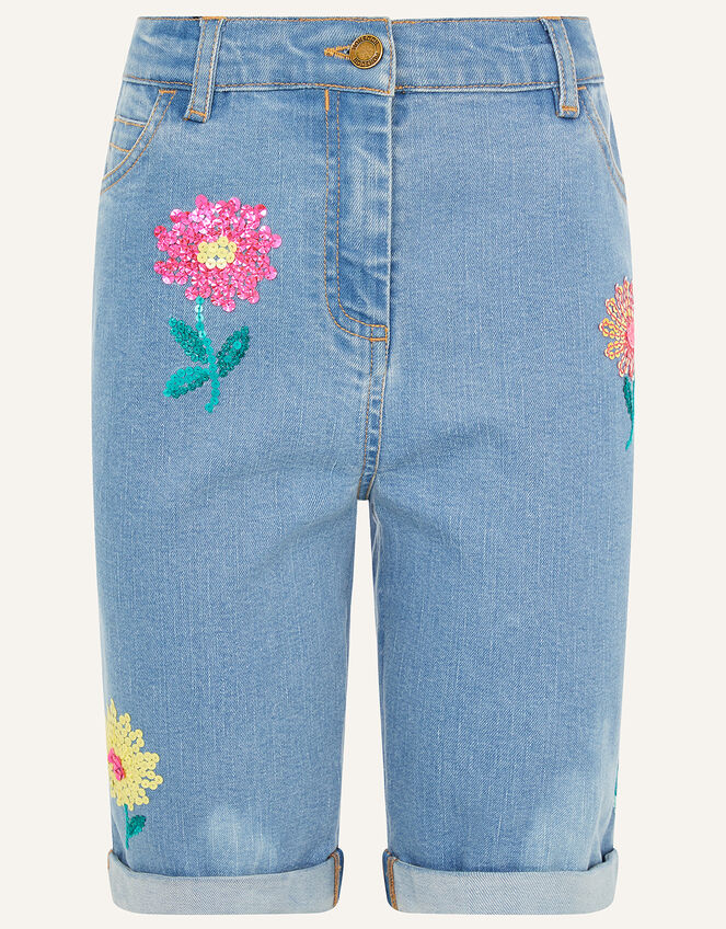 Sequin Flower Longline Denim Shorts , Blue (BLUE), large