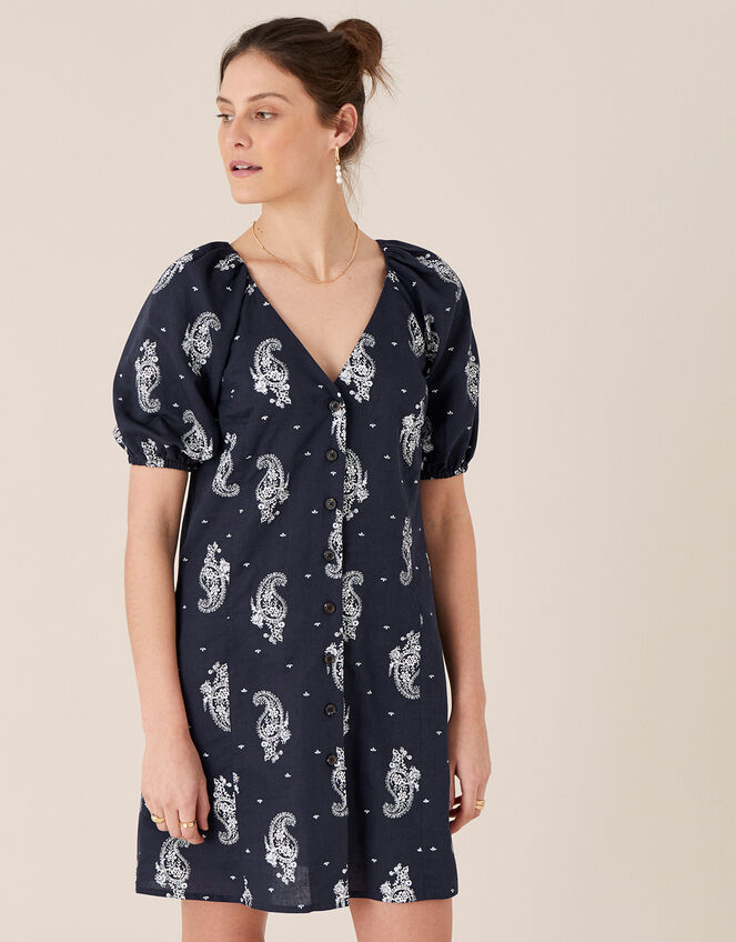 Heritage Print Dress in Linen Blend Blue