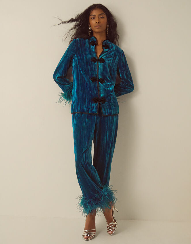 Quinn Frogging Faux Feather Velvet Jacket, Teal (TEAL), large