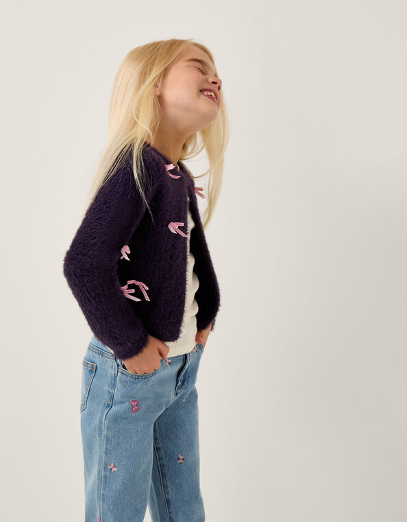Bow Embellished Fuzzy Cardigan, Blue (NAVY), large