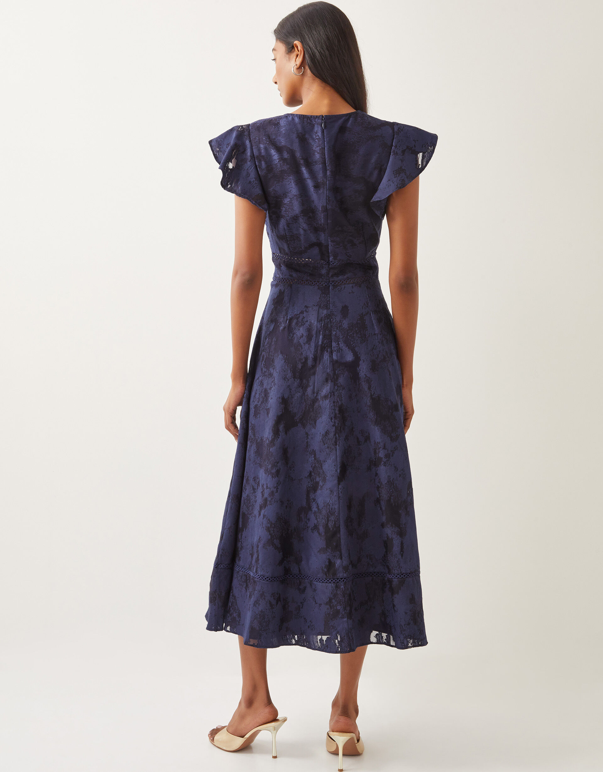 Josie Flutter Sleeve Floral Jacquard Midi Dress Blue | Evening Dresses ...