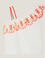 Embroidered Frill One Shoulder Top, Cream (CREAM), large