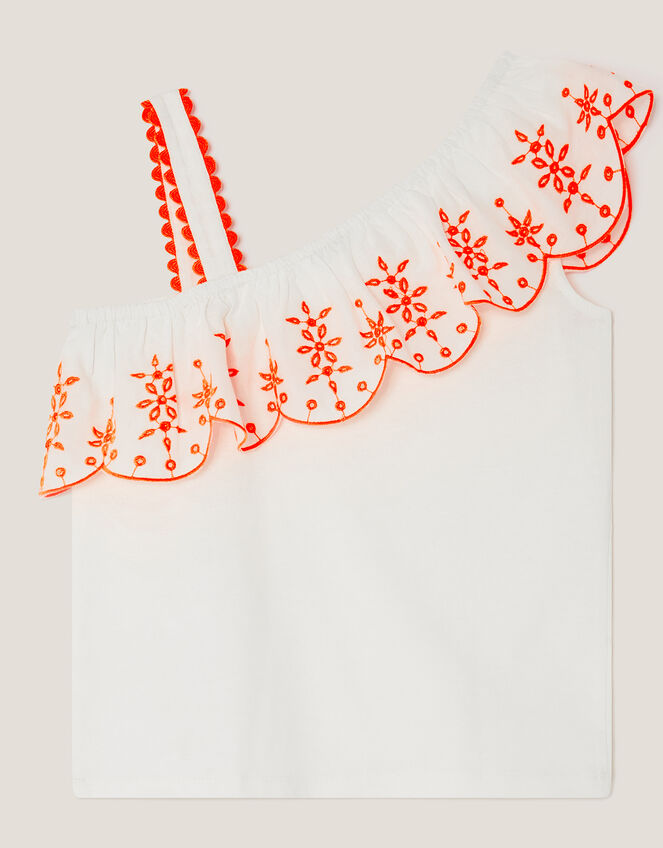 Embroidered Frill One Shoulder Top, Cream (CREAM), large