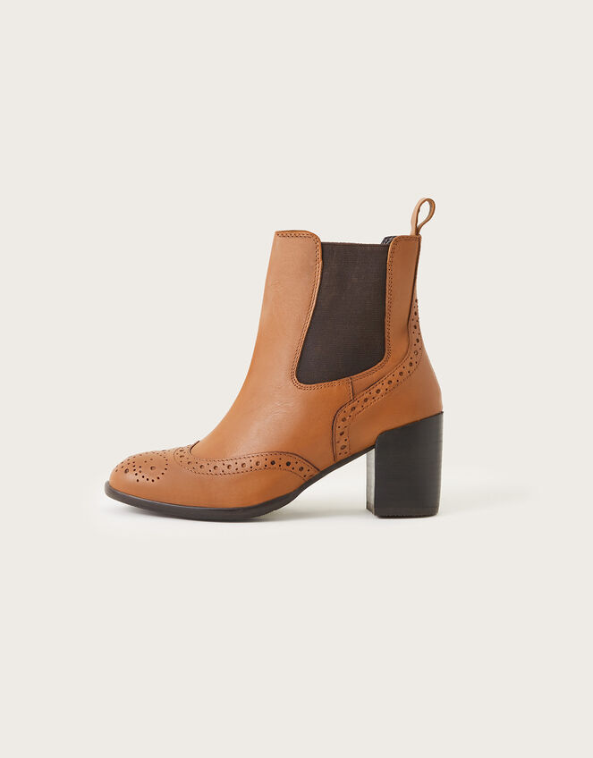 Classic Leather Heeled Brogue Boots, Tan (TAN), large