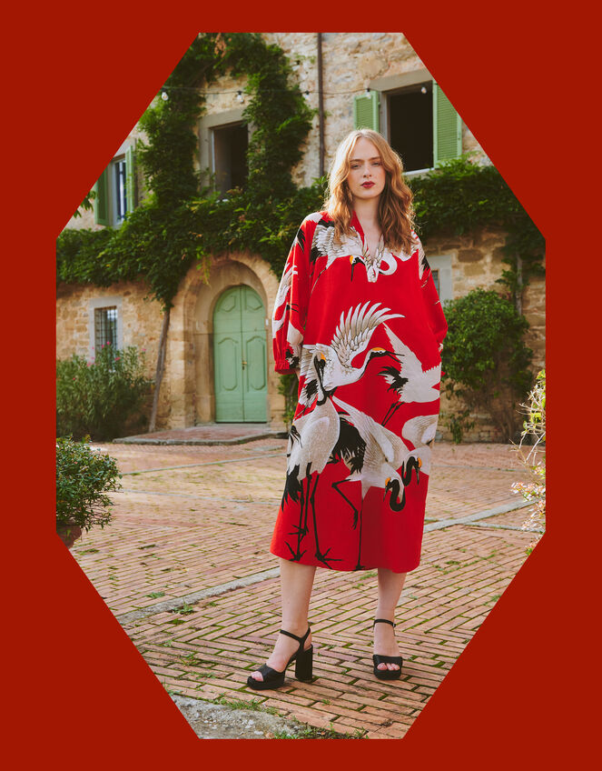 One Hundred Stars Stork Print Midi Dress, Red (RED), large