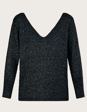 Metallic Twist V-Back Jumper, Black (BLACK), large
