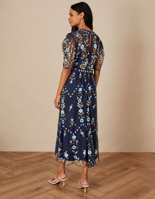 Ginny Embroidered Midi Dress in Recycled Polyester, Blue (NAVY), large
