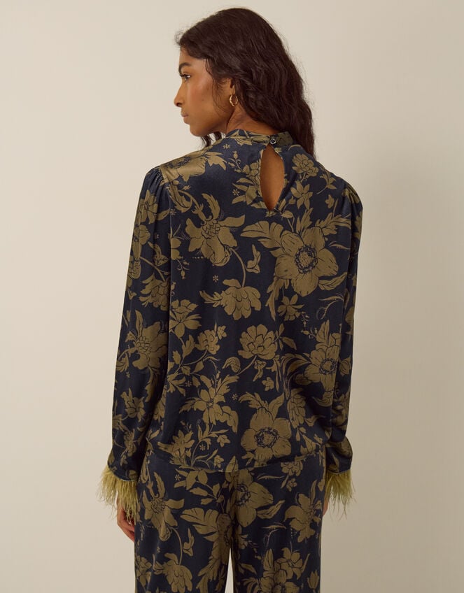 Princella Faux Feather Sleeve Floral Velvet Top, Blue (NAVY), large