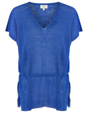 Demi Tassel Drawstring Top in Linen Blend, Blue (BLUE), large