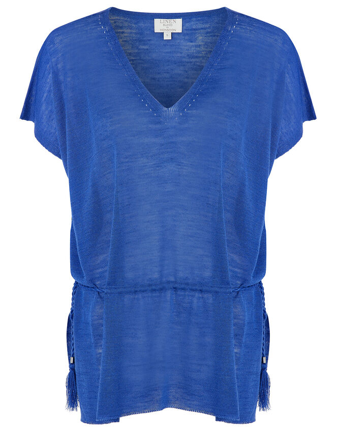 Demi Tassel Drawstring Top in Linen Blend, Blue (BLUE), large