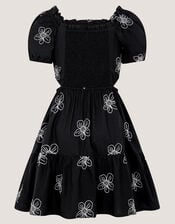 Puff Sleeve Floral Embroidered Dress, Black (BLACK), large