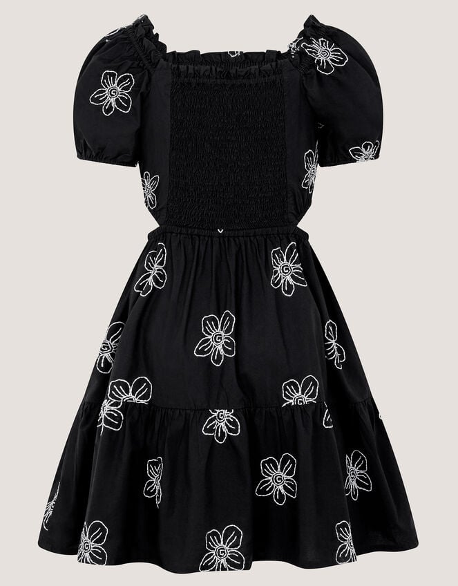 Puff Sleeve Floral Embroidered Dress, Black (BLACK), large