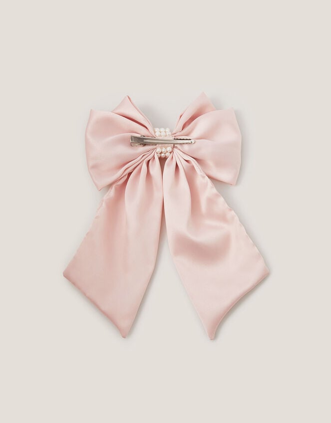 Long Pearl Satin Bow Hair Clip, Pink (PALE PINK), large