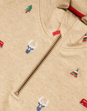 Embroidered Zip Collar Sweater, Natural (STONE), large