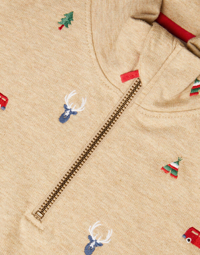 Embroidered Zip Collar Sweater, Natural (STONE), large