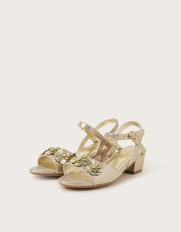 Floral Sequin Two-Part Slingback Mini Heels, Gold (GOLD), large