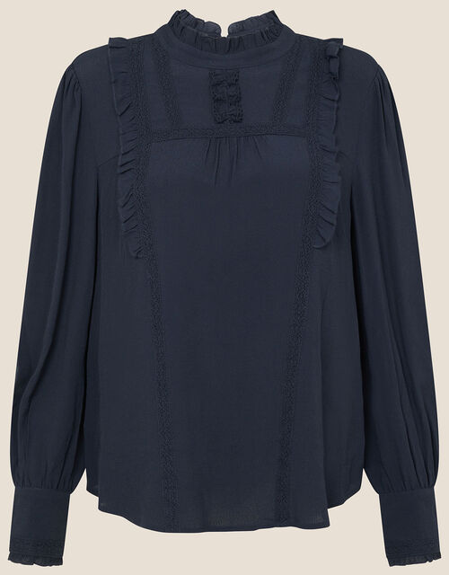 Ruffle and Lace Trim Top, Blue (NAVY), large