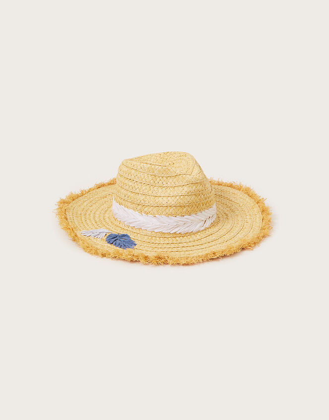 Embroidered Fringe Trim Raffia Hat, , large