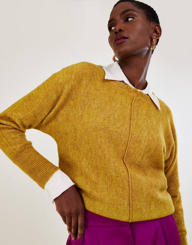Super-Soft Slash Scallop Neck Jumper, Yellow (OCHRE), large