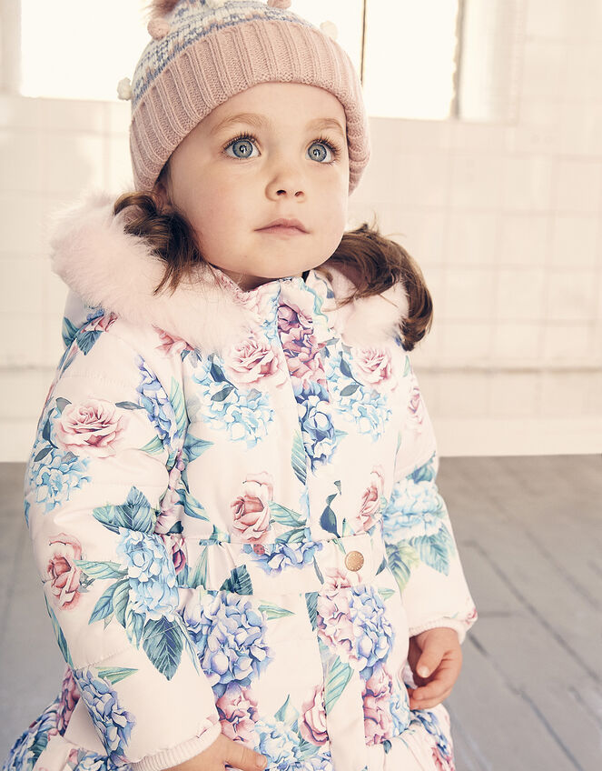 Baby Floral Padded Puffball Coat, Pink (PALE PINK), large