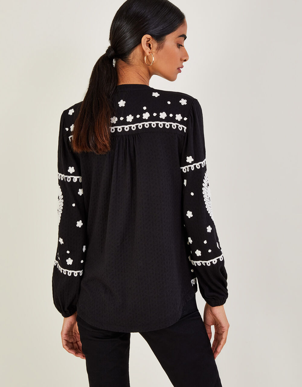 Embroidered Jersey Top in Sustainable Cotton Black Blouses & Shirts