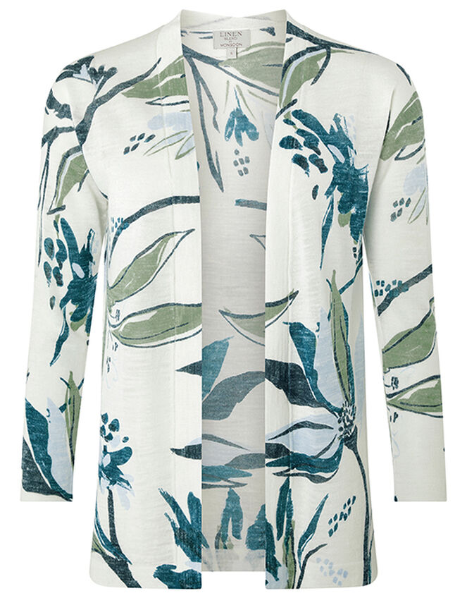 Tilda Printed Knit Cardigan in Linen Blend, Ivory (IVORY), large