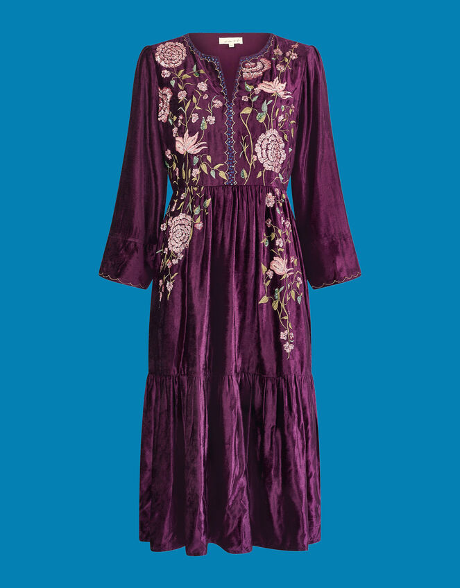 East Katlin Floral Embroidered Velvet Dress, Red (BERRY), large