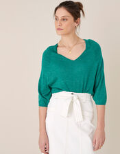 Gathered Sleeve Jumper in Linen Blend, Teal (TEAL), large