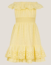 Broderie Bardot Dress, Yellow (YELLOW), large